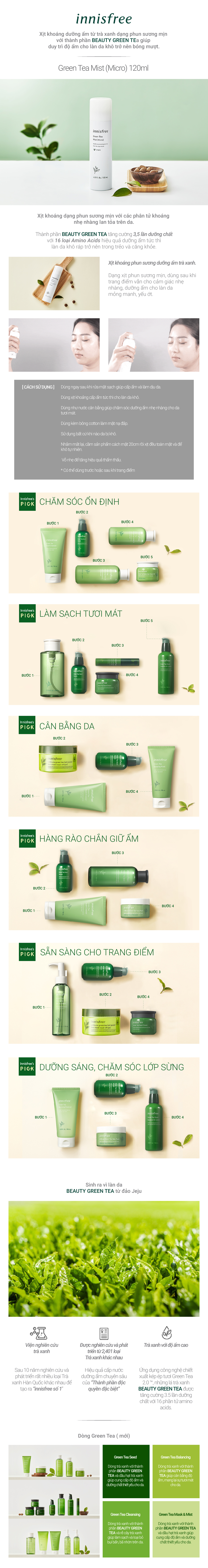 Xịt khoáng dưỡng ẩm phun sương siêu mịn từ trà xanh đảo Jeju Innisfree Green Tea Mist Micro 120ml - NEW