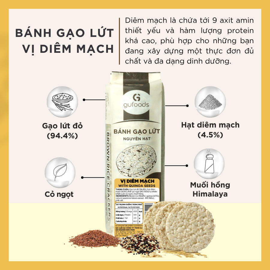 Bánh gạo lứt GUfoods (170g) - Không chiên dầu, Không đường, Từ gạo và ngũ cốc nguyên hạt, Lành mạnh, Phù hợp Eat clean, Ăn vặt healthy, Thực dưỡng, Tập gym, Thuần chay, Đa dạng hương vị