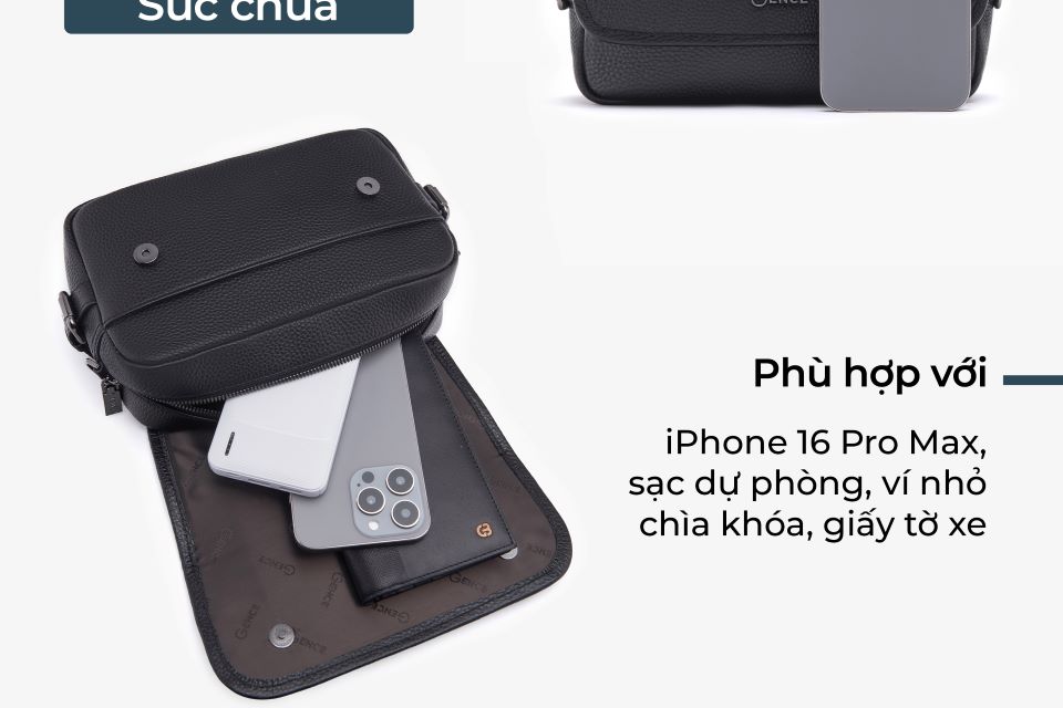 Túi Đeo Chéo Công Sở Túi Nam Hàng Hiệu GENCE TD07 Da Bò Cao Cấp Màu Đen Dáng Ngang