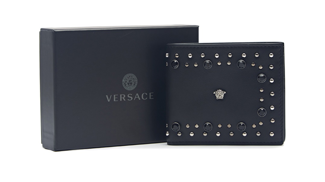 VERSACE Versace 18 autumn and winter new men's black leather gemstone decorative short wallet DPU2463 DVITSS D41EP