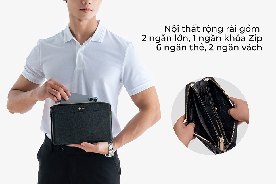 Clutch Da Hàng Hiệu Ví Nam Cầm Tay Công Sở GENCE HT11 Da Bò Cao Cấp Màu Đen