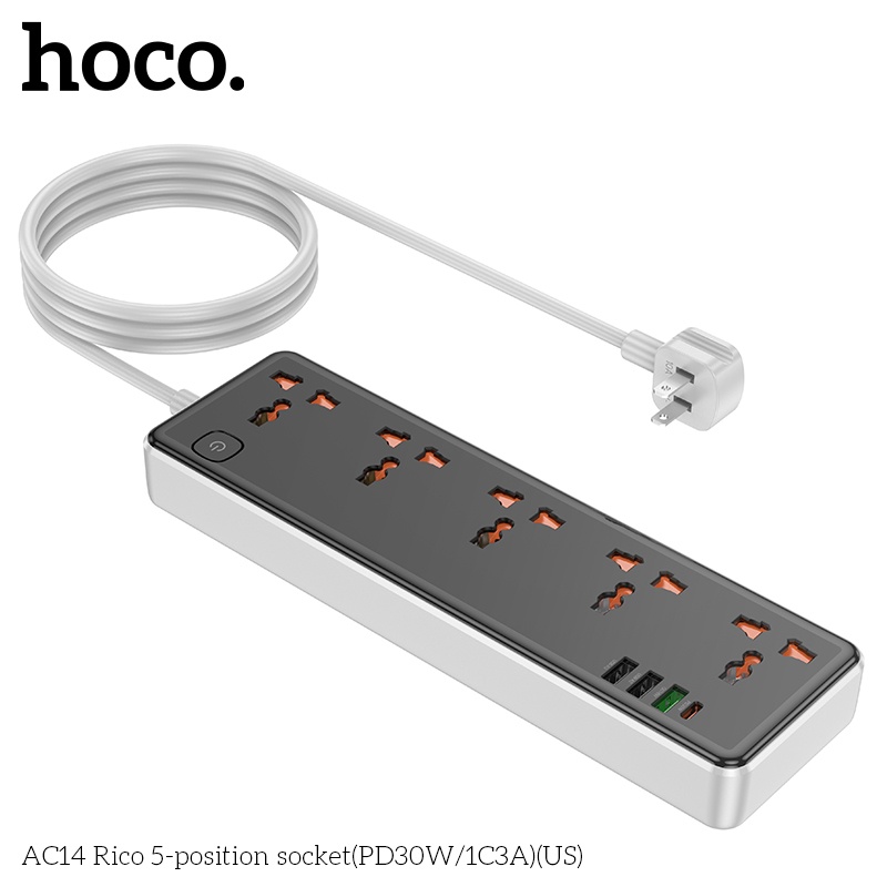 Ổ cắm điện cao cấp đa năng công suất cao 2500W, với 3 cổng USB và 1 cổng Type-c, 5 ổ cắm tiện lợi hỗ trợ sạc nhanh chống cháy, nổ AC14 - Hàng nhập khẩu (màu ngẫu nhiên)