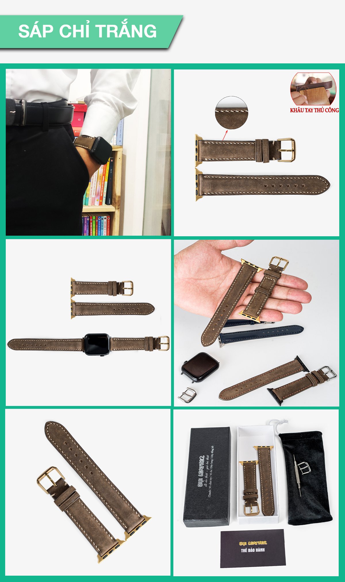 Dây đồng hồ dành cho AW da bò Vintage D116 - Hàng khâu tay thủ công cao cấp