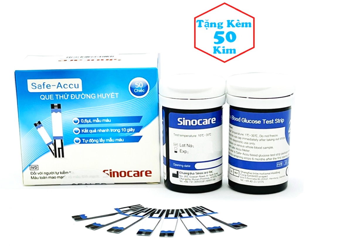 Combo Hộp 50 que thử đường huyết và 50 kim lấy máu cho máy đo đường huyết Sinocare Safe - Accu