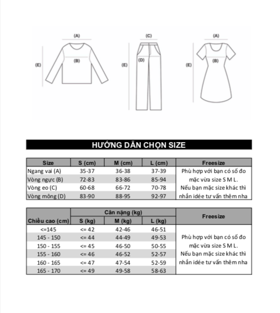 Bảng hướng dẫn chon size