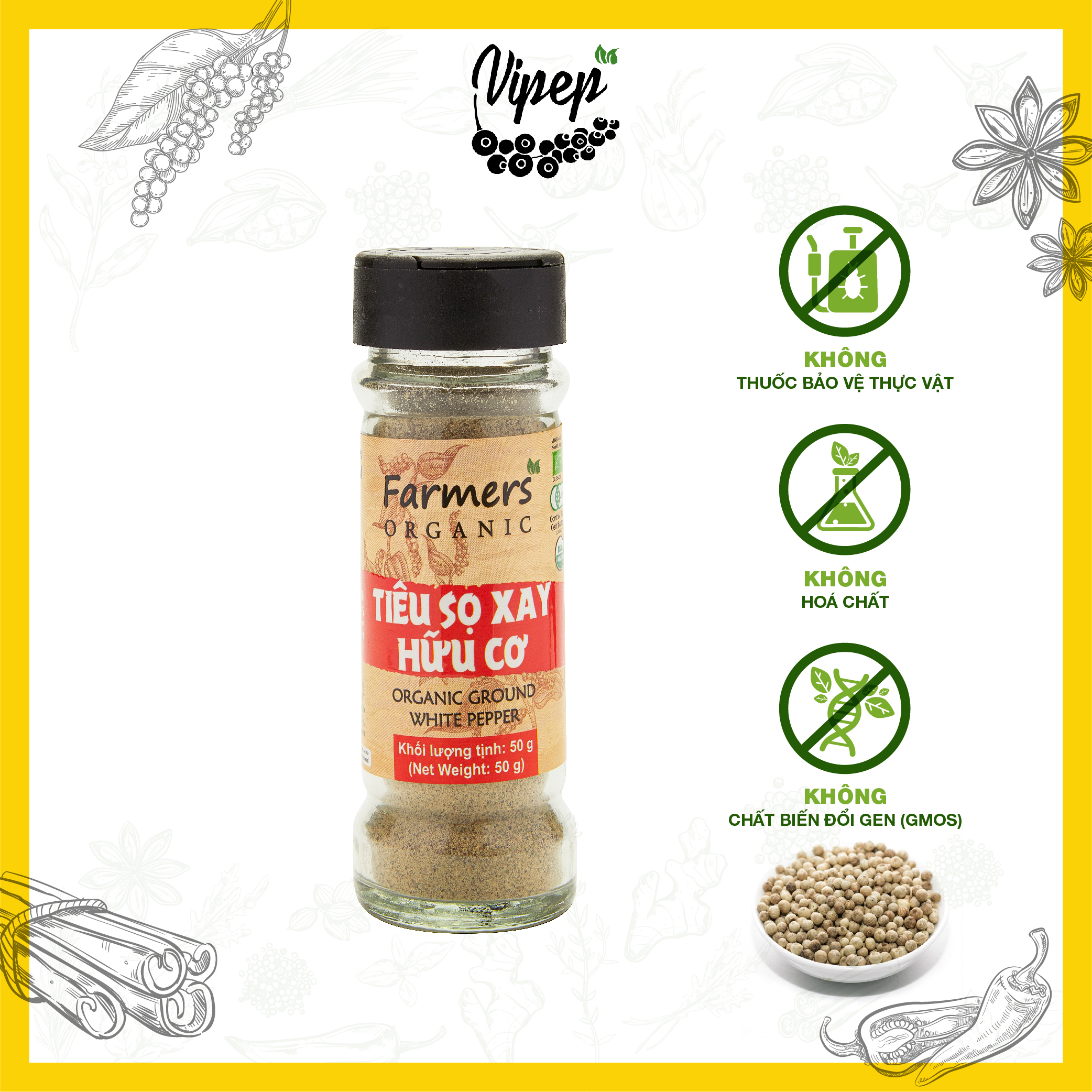 Tiêu Sọ Xay Farmers' Organic Vipep Hũ Thủy Tinh 50g - Gia vị Vipep