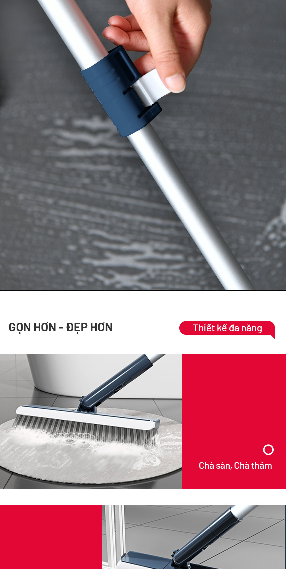 Cây chà sàn nhà tắm, chổi cọ sàn và gạt nước 2 trong 1, cọ sạch khe hẹp và góc tường – Parroti Easy ES04
