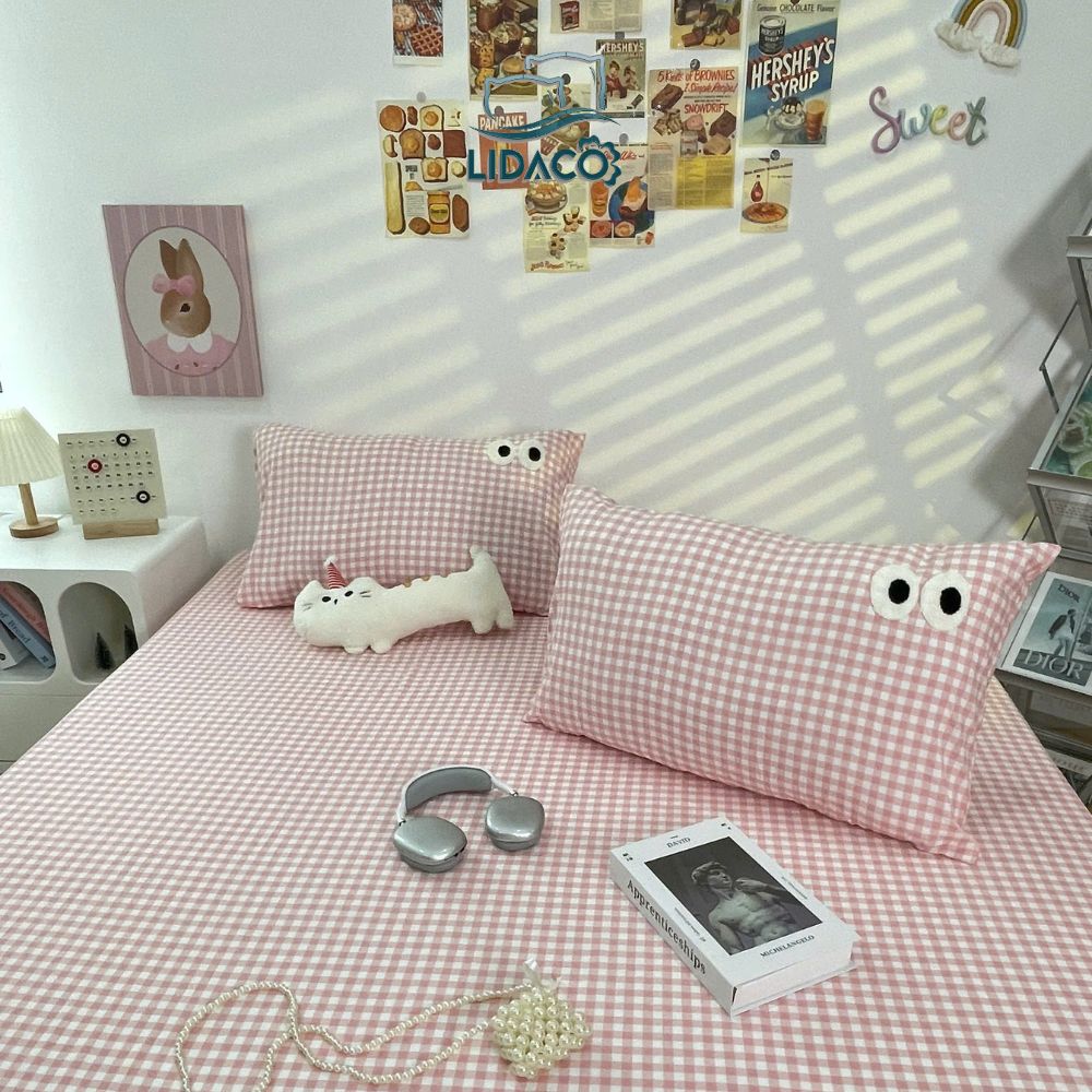 Bộ ga gối cotton đũi LIDACO họa tiết kẻ đôi mắt mềm mát ga nệm bo chun theo kích thước yêu cầu nhiều mẫu lựa chọn