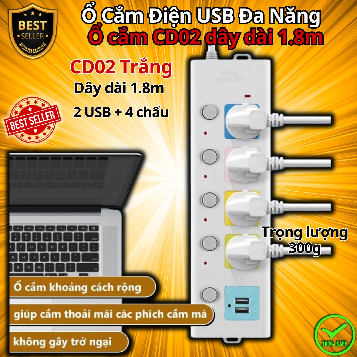 Ổ Cắm Điện USB Đa Năng Cao Cấp Chống Giật Dây Dài 0.9m – 1.1m và 1.8m, Ổ Cắm Điện Công Suất 2500W Có Chốt An Toàn