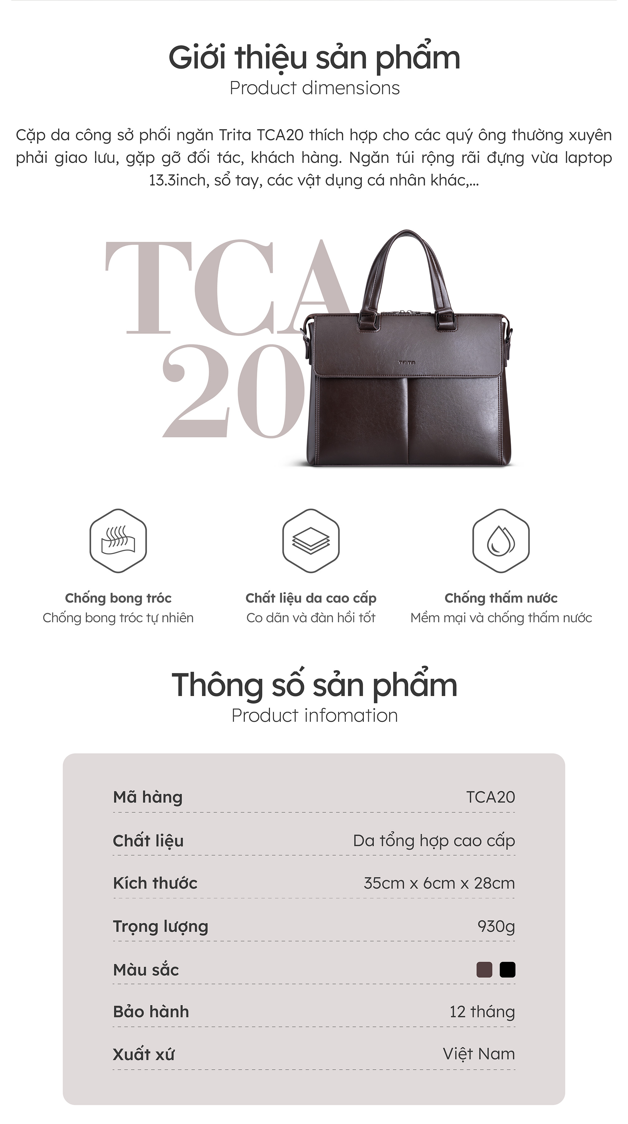 Cặp công sở Trita ( Thời trang nam phối ngăn - Cặp da TCA20 )