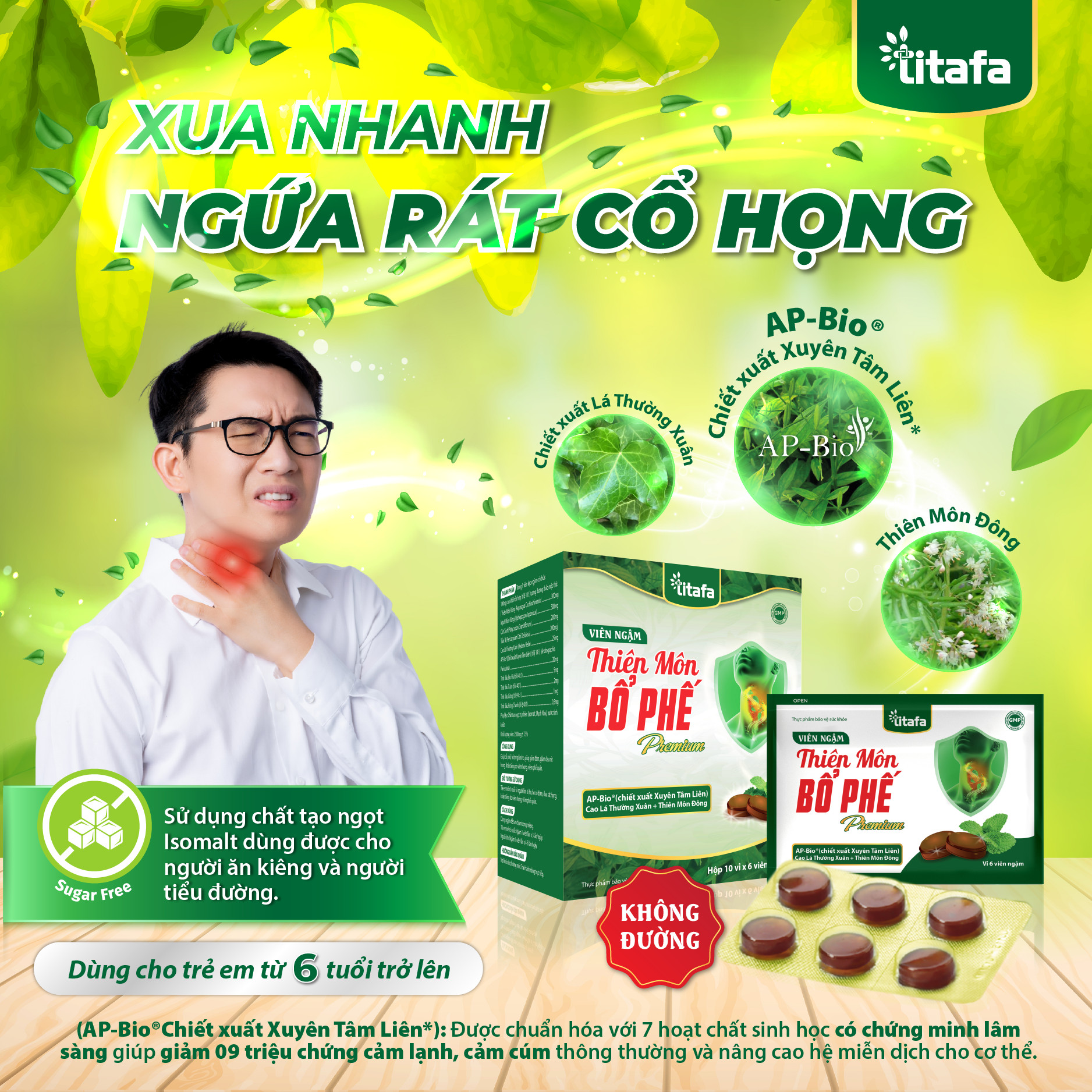 Viên ngậm Thiên Môn Bổ Phế Premium – Giúp giảm nhanh ngứa rát họng, đau họng, khản tiếng, giảm ho, bổ phế do viêm họng, viêm phế quản [Chính hãng TITAFA]  