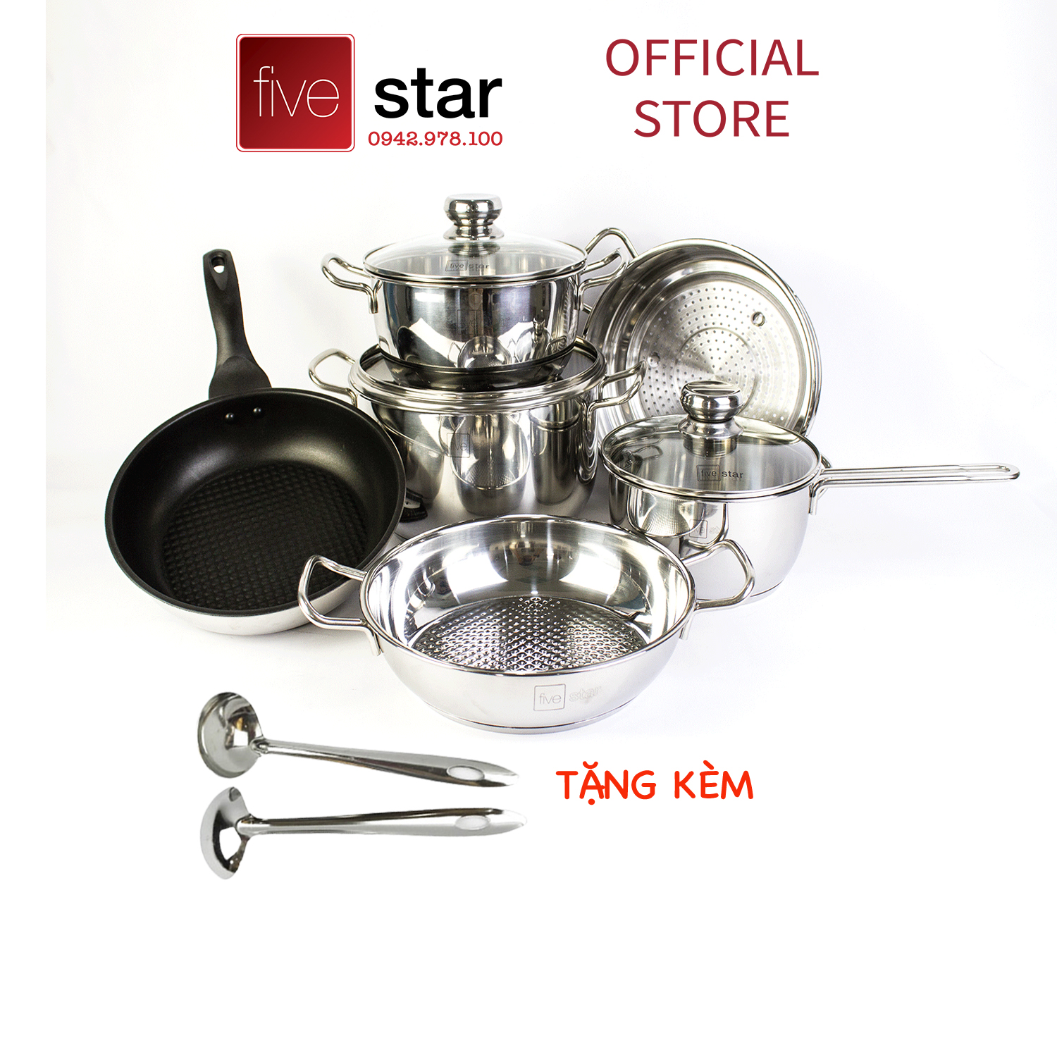 Bộ nồi chảo xửng hấp 3 Đáy Inox 430 cao cấp Fivestar Standard 6 món bếp từ nắp kính , tặng 1 vá canh