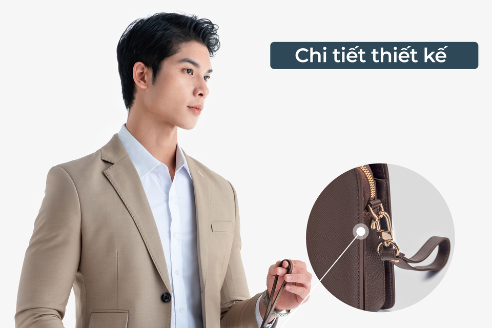 Ví Cầm Tay Clutch Da Nam Hàng Hiệu GENCE CK15 Da Bò Khóa Số Cao Cấp Màu Nâu