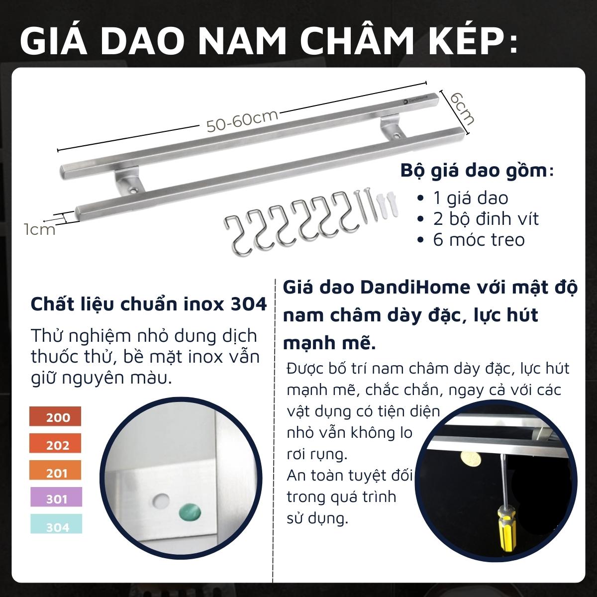 Giá dao nam châm vĩnh cửu Inox 304 DandiHome cao cấp
