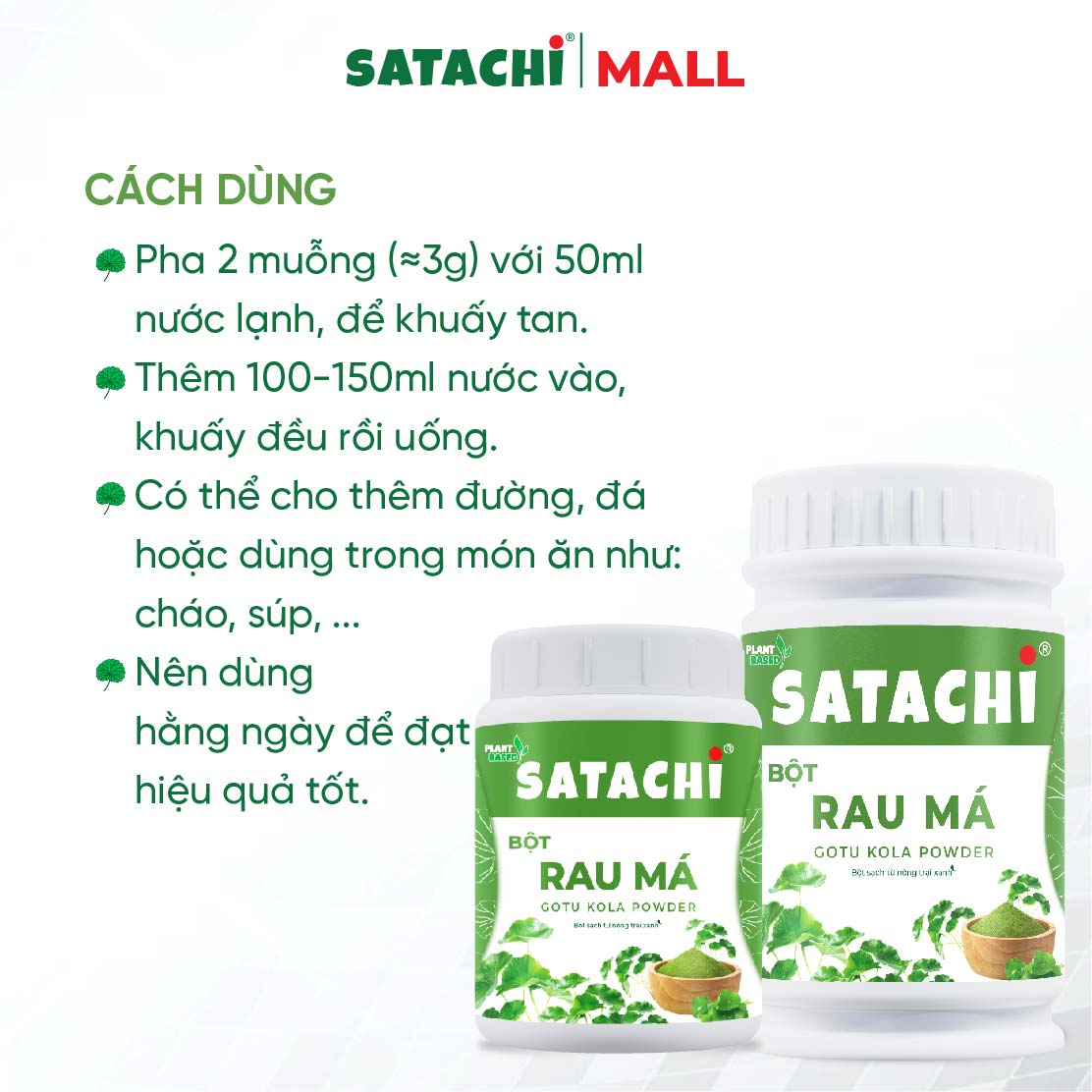 Bột Rau Má Nguyên Chất SATACHI – 100% rau má tươi, không đường – Hộp 68g & 218g
