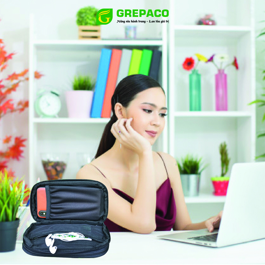 Túi Đựng Phụ Kiện Công Nghệ Grepaco, Pin Sạc Dự Phòng, Điện Thoại, Cáp Sạc USB, Tai Nghe Vải Bố Canvas, Nhiều Ngăn, Có Quai Cầm, Chống Nước, Khóa Kéo YKK Dành Cho Nam Nữ Đi Học, Làm, Du Lịch - Hàng Chính Hãng