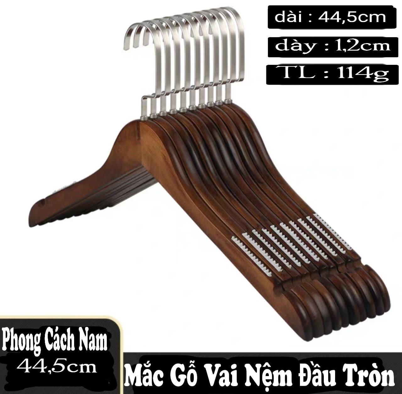 Combo CHỤC móc gỗ đầu tròn treo quần áo móc gỗ có vai nệm nam chống trượt dài 44,5cm